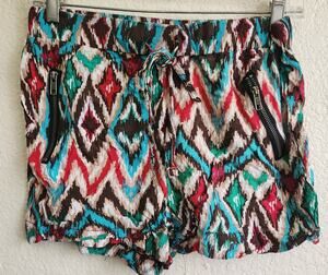 Justify Teal Brown Multicolor Aztec Print Pull On Shorts Medium Lightweight Soft